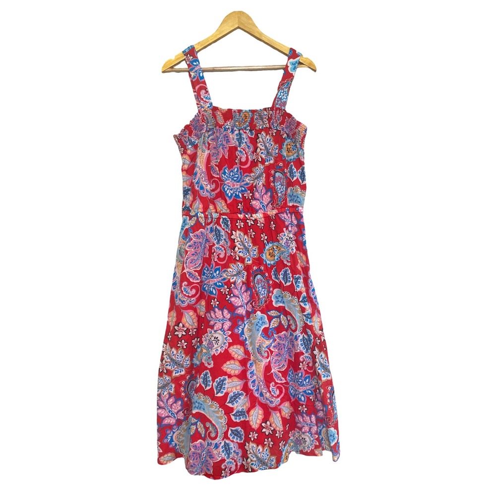 Talbots Red Paisley Floral Cotton Smocked Midi Dress Womens 16 XL Boho Vacation